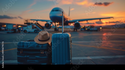 Suitcases and a hat on an airport tarmac with an airplane in the background at sunset, symbolizing travel and adventure. photo