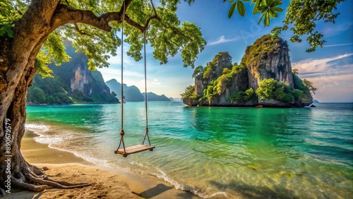 Serenity abounds in this stunning tranquil scene of a deserted swing above turquoise Andaman sea waters at Railay beach Krabi Thailand.