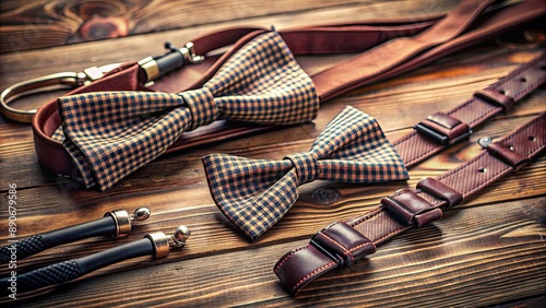 Elegant accessories laid on vintage wooden table, sophisticated bow tie and suspenders await their owner in a luxurious atmosphere setup.