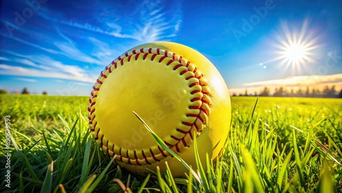 Yellow leather softball with red stitching lies alone on a lush green grassy field under a bright blue sunny sky.