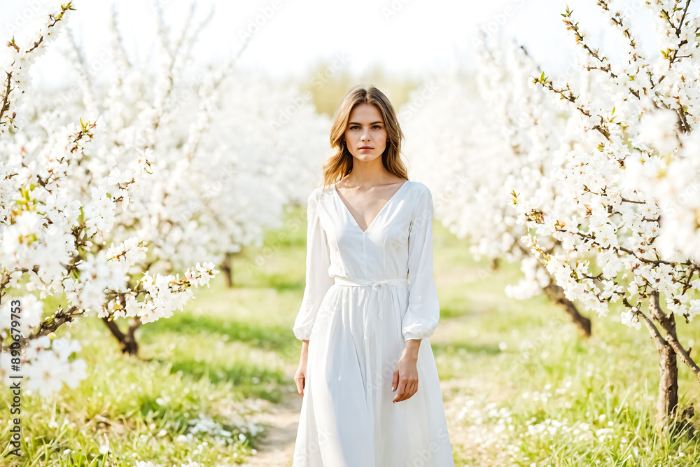 Woman in White Dress Walking Through a Field of Blossoms Woman in White Dress Walking Through a Field of Blossoms