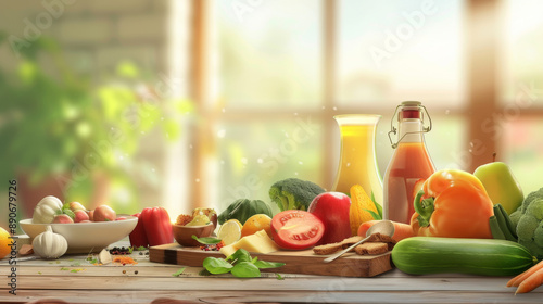 A vibrant assortment of fresh fruits, vegetables, and juices are displayed on a wooden table, bathed in warm, natural light. photo