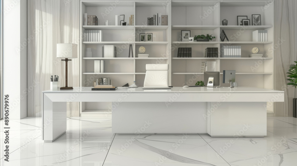 A pristine, modern workspace with white furniture, organized shelves, and large windows allowing ample natural light, creating a bright and airy atmosphere. A pristine, modern workspace with white furniture, organized shelves, and large windows allowing ample natural light, creating a bright and airy atmosphere.