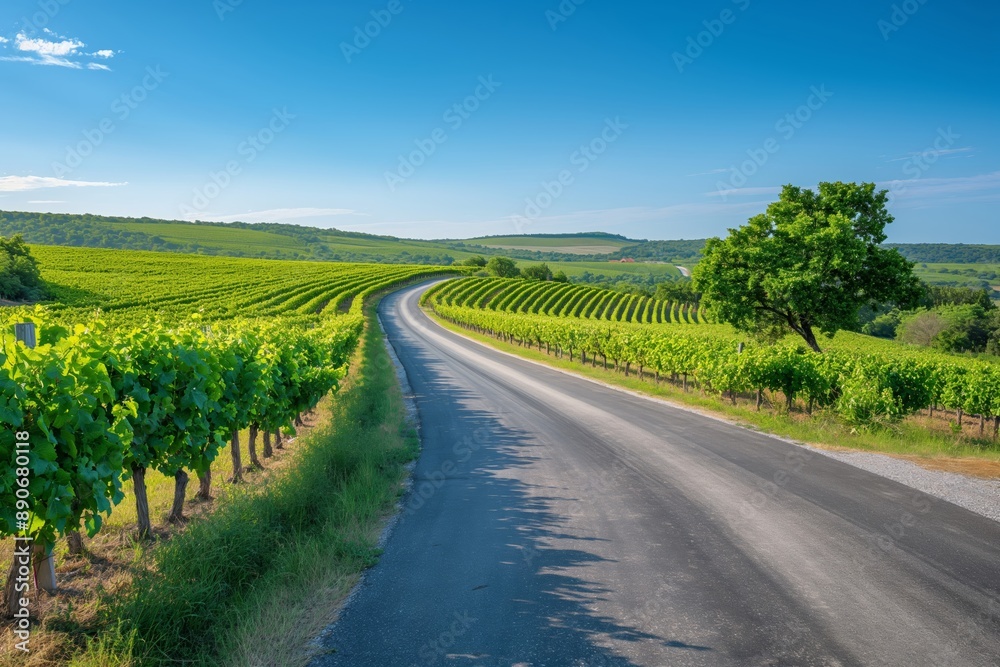A road with a vineyard on either side. Road to somewhere concept A road with a vineyard on either side. Road to somewhere concept