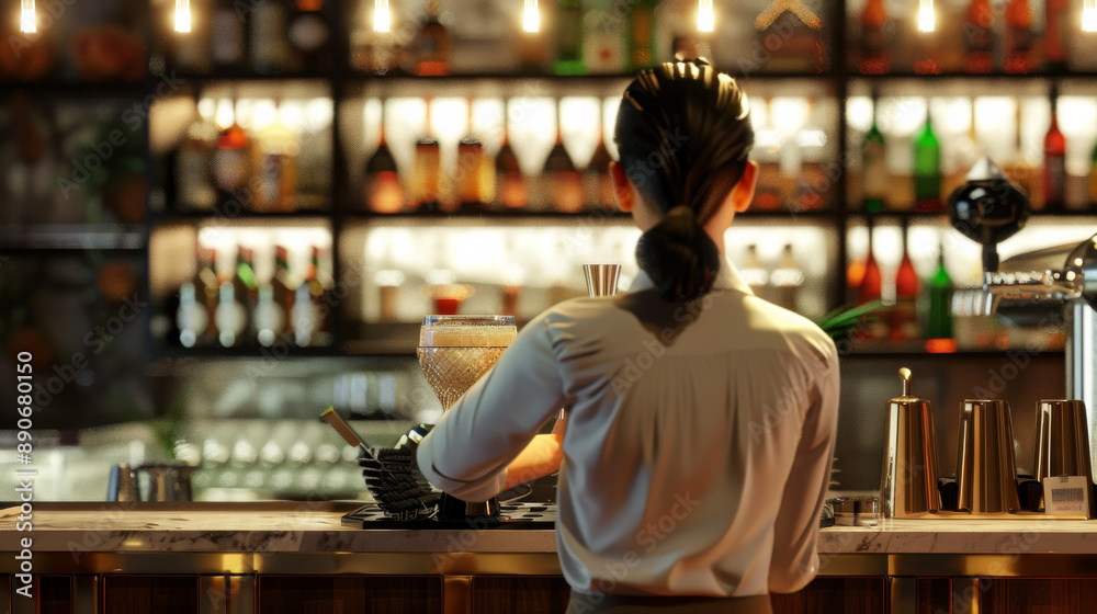 A bartender prepares a drink in a stylish, warmly lit bar, surrounded by an array of bottles and spirits, capturing the essence of a trendy and inviting nightlife scene. A bartender prepares a drink in a stylish, warmly lit bar, surrounded by an array of bottles and spirits, capturing the essence of a trendy and inviting nightlife scene.
