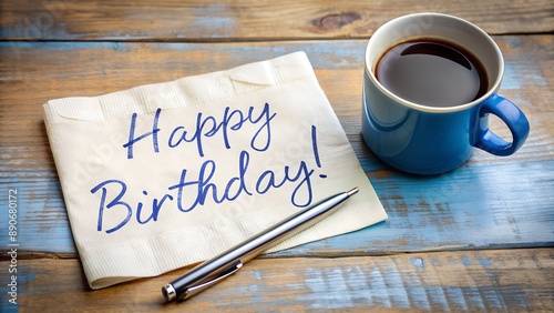 Happy Birthday greeting - handwriting on a napkin with a cup of coffee