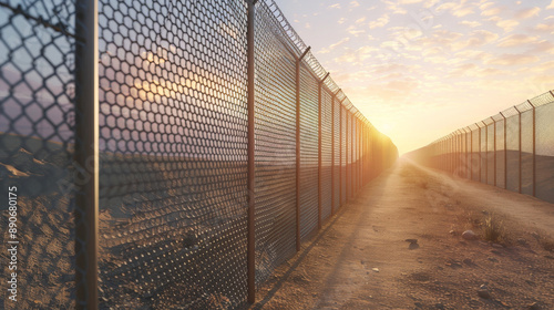 An endless chain-link fence stretches towards the horizon under a golden sunset, casting long shadows on the dusty ground.