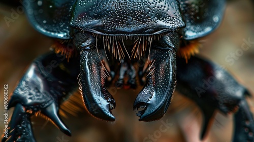 Detailed Close-Up Shot of a Black Beetle with Large Mandibles Isolated on a White Background photo