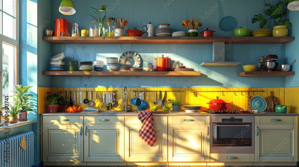 Experience a kitchen with a vibrant mix of open shelving and colorful dishware, creating a lively and eclectic feel. Experience a kitchen with a vibrant mix of open shelving and colorful dishware, creating a lively and eclectic feel.