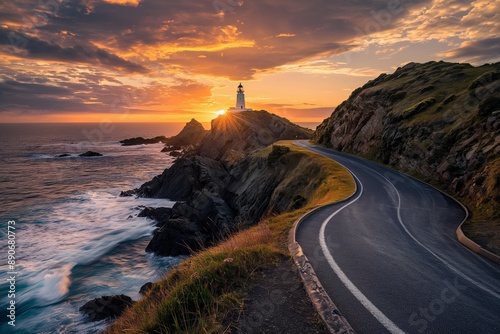 A road with a lighthouse in the background. Road to somewhere concept