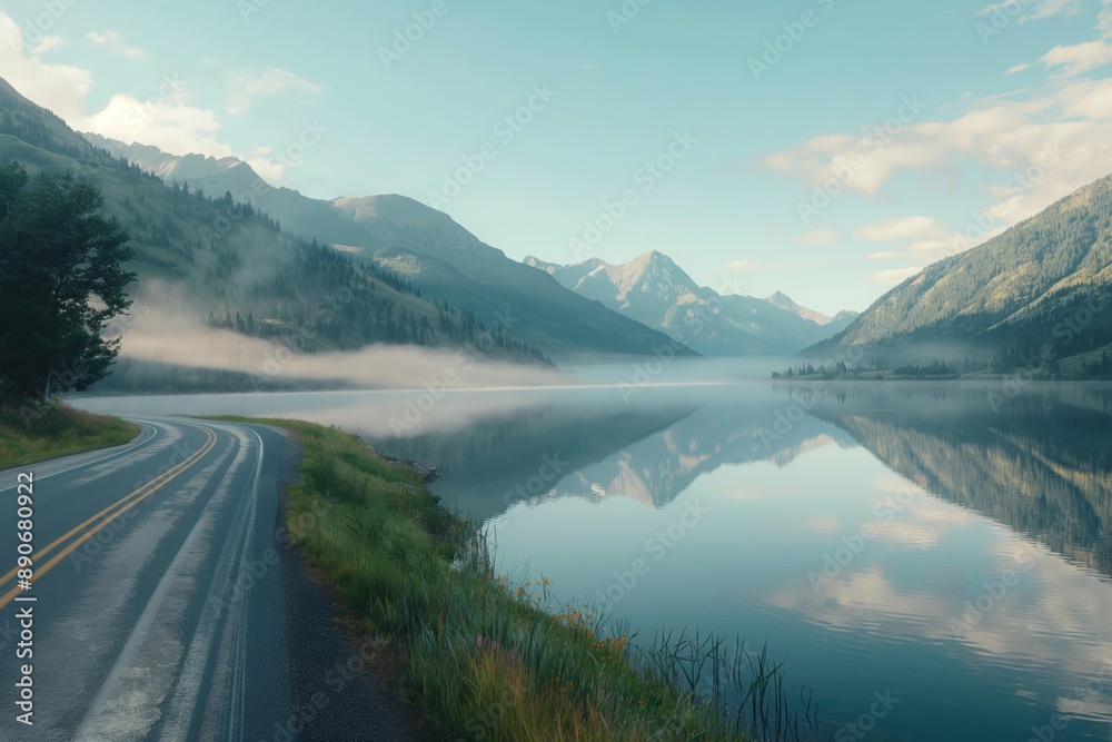 A road with a lake in the background. Road to somewhere concept A road with a lake in the background. Road to somewhere concept