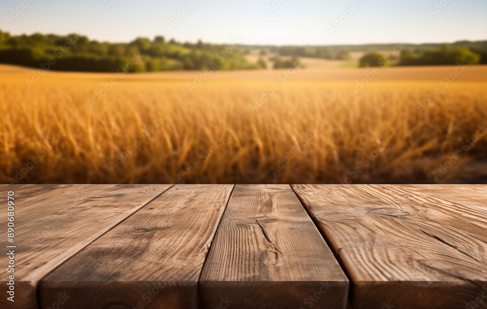 Rustic wooden table with a scenic green field background. A weathered wooden table in the foreground, with a vast field stretching out in the background. The table natural wood grain Rustic wooden table with a scenic green field background. A weathered wooden table in the foreground, with a vast field stretching out in the background. The table natural wood grain