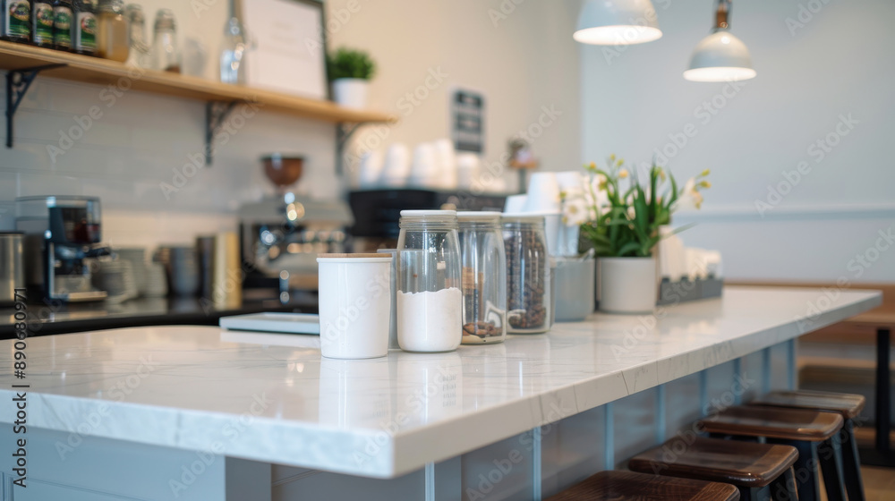 Cozy modern kitchen with a white marble countertop, warm wooden stools, and minimalistic decor for a clean, inviting atmosphere. Cozy modern kitchen with a white marble countertop, warm wooden stools, and minimalistic decor for a clean, inviting atmosphere.