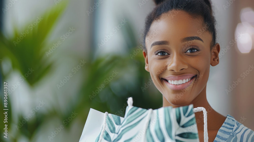 Smiling woman holding shopping bags in a modern store, enjoying a successful shopping experience with a tropical background. Smiling woman holding shopping bags in a modern store, enjoying a successful shopping experience with a tropical background.