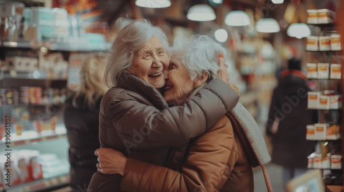 Wallpaper Mural Heartwarming moment of two elderly women sharing a joyful hug in a cozy marketplace, surrounded by various goods and warm lighting. Torontodigital.ca