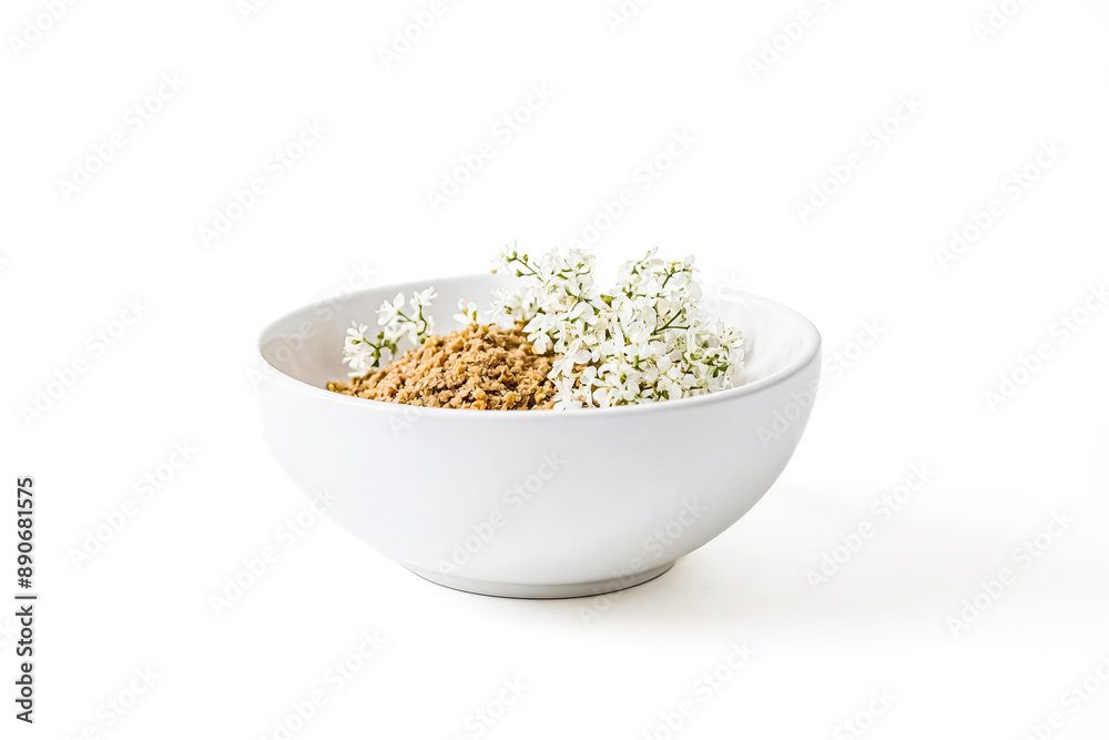 White Bowl with Granola and White Flowers White Bowl with Granola and White Flowers