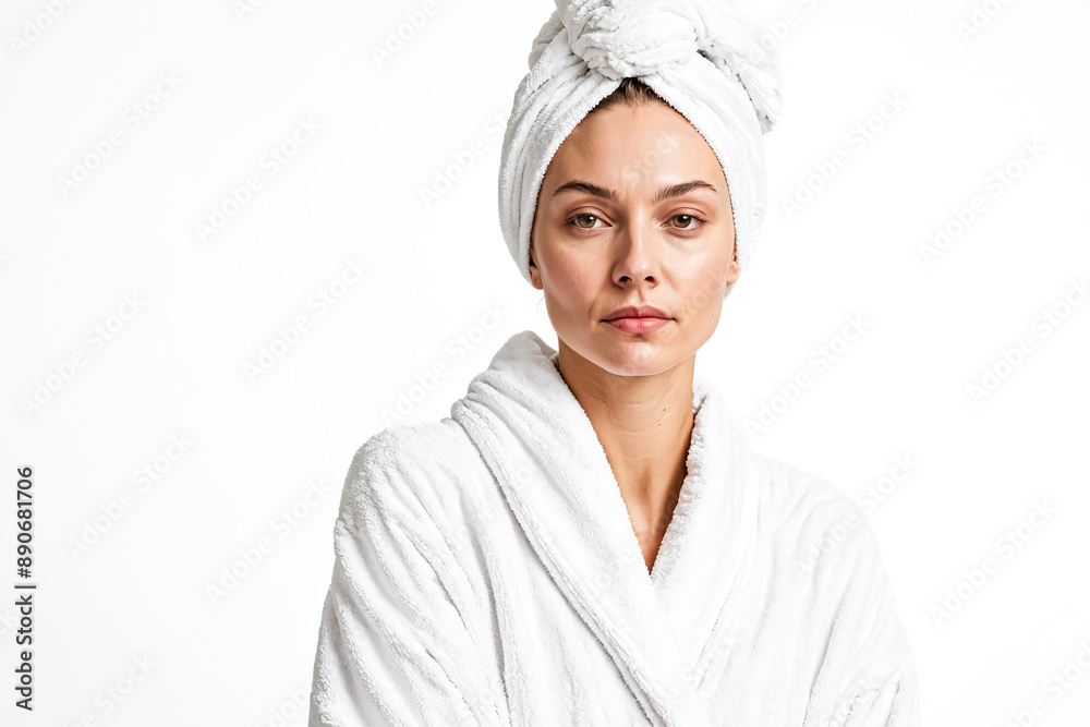 Woman in white bathrobe and towel on head Woman in white bathrobe and towel on head