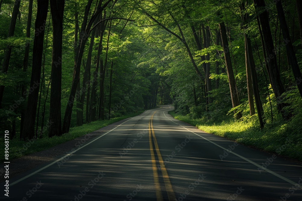 Obraz premium A road with trees on both sides and a yellow line. Road to somewhere concept