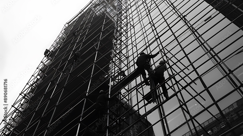 Silhouettes of Construction Workers on Scaffolding Silhouettes of Construction Workers on Scaffolding