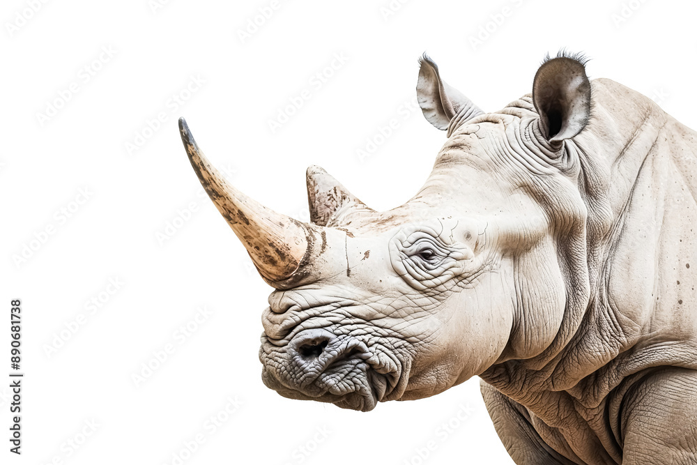 Close Up Of White Rhino Head With Horn Isolated On White Background Close Up Of White Rhino Head With Horn Isolated On White Background