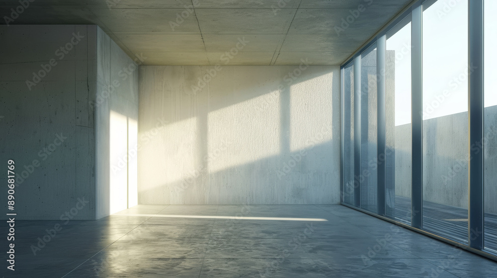 A spacious room with concrete walls and floors, bathed in soft sunlight filtering through large floor-to-ceiling windows. A spacious room with concrete walls and floors, bathed in soft sunlight filtering through large floor-to-ceiling windows.