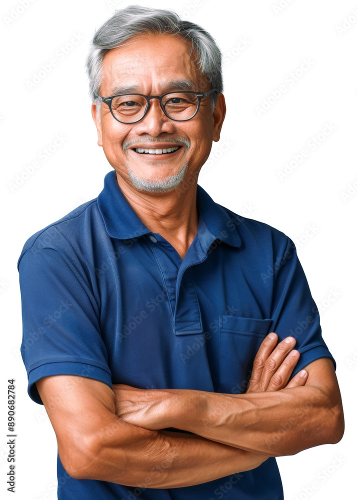 Elderly Asian man in his 60s, smiling confidently with arms crossed, wearing job uniform with a blue shirt and glasses Elderly Asian man in his 60s, smiling confidently with arms crossed, wearing job uniform with a blue shirt and glasses