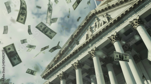 Banknotes fly through the air in front of a grand building with neoclassical architecture, symbolizing wealth and economic tumult.