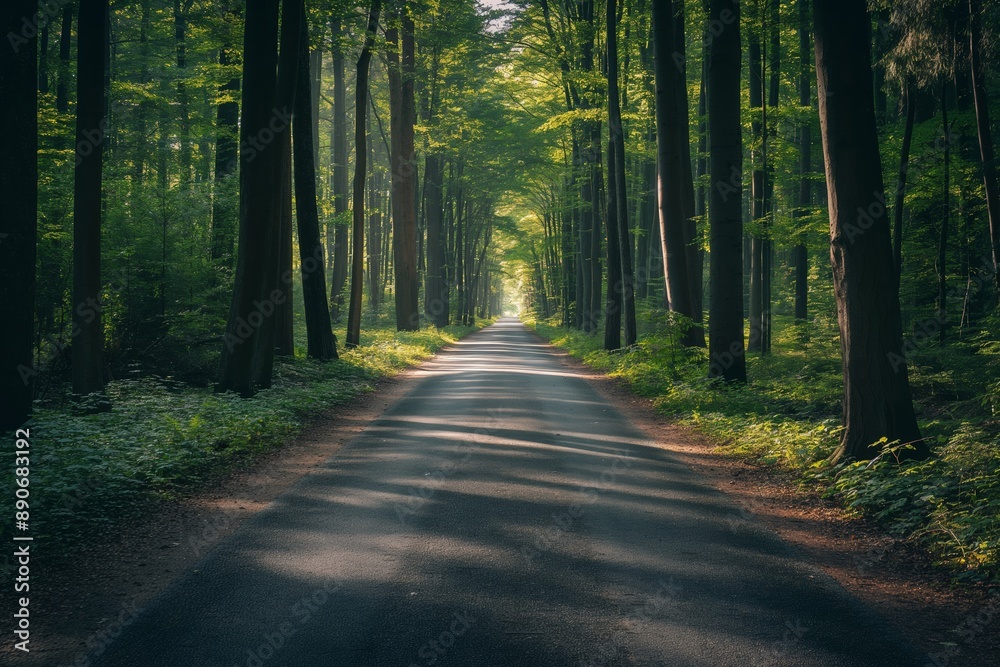 A road in a forest with trees on both sides. Road to somewhere concept A road in a forest with trees on both sides. Road to somewhere concept