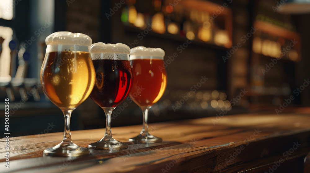 Three beer glasses filled with different varieties of frothy ales are set on a wooden bar counter in a well-lit pub. Three beer glasses filled with different varieties of frothy ales are set on a wooden bar counter in a well-lit pub.