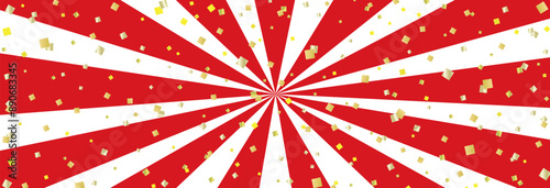 サンバーストと金箔紙吹雪の横長バナー背景/紅白