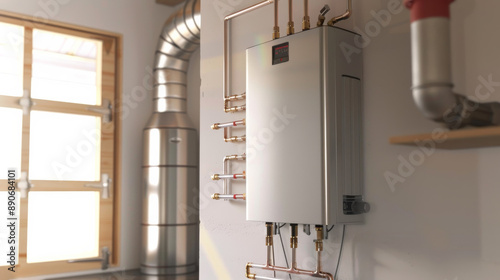 A modern tankless water heater with exposed copper piping, placed in a bright, clean utility room accented by metal venting.