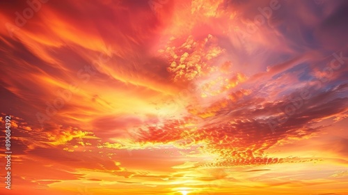 Beautiful golden sunset with orange sky and the sun is setting over the ocean