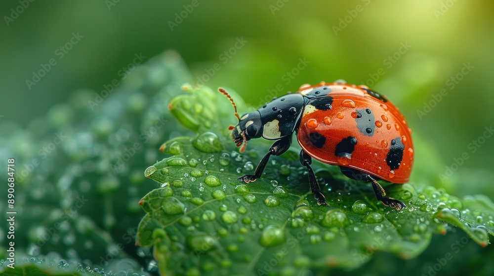 Fototapeta premium Ladybug on a Dew-Covered Leaf