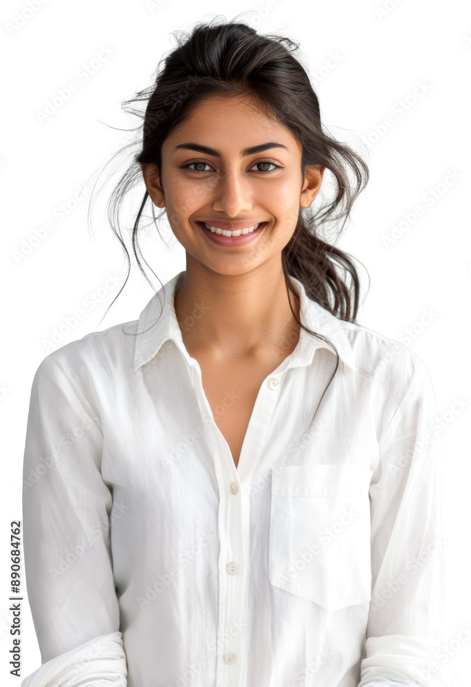 Happy Indian woman in her 20s, smiling brightly while wearing a white shirt Happy Indian woman in her 20s, smiling brightly while wearing a white shirt