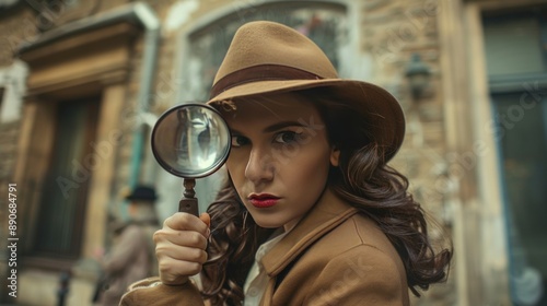 A detective woman wearing a hat and jacket is holding a magnifying glass