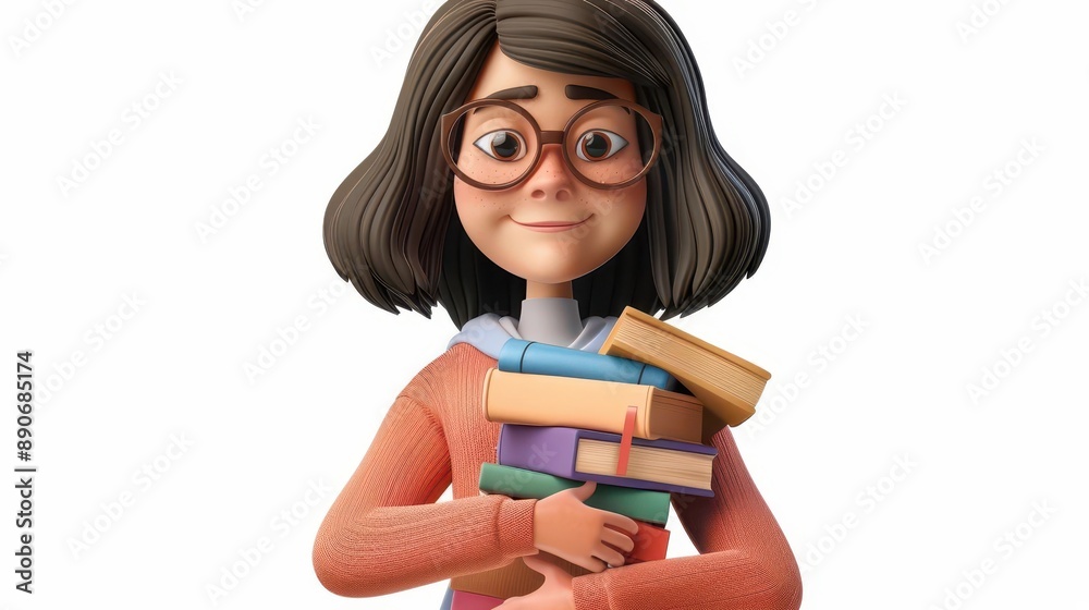 A 3D clipart of a librarian holding books, in a cozy library, white background, style by HansaParty A 3D clipart of a librarian holding books, in a cozy library, white background, style by HansaParty
