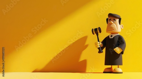 A 3D clipart of a judge holding a gavel, standing on the right side of the image, with a randomly colored background, style by HansaParty photo