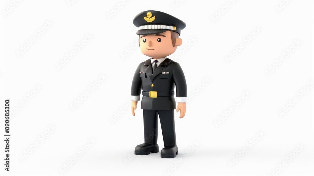 A 3D clipart of a pilot in uniform, standing proudly, white background, style by HansaParty A 3D clipart of a pilot in uniform, standing proudly, white background, style by HansaParty