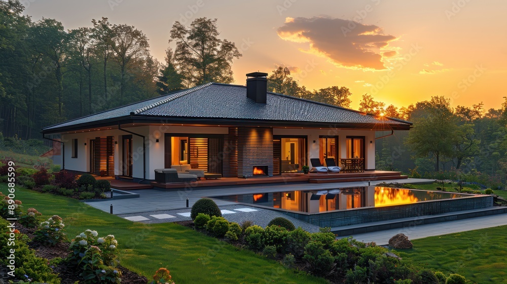 Obraz premium Modern House with Pool and Sunset View