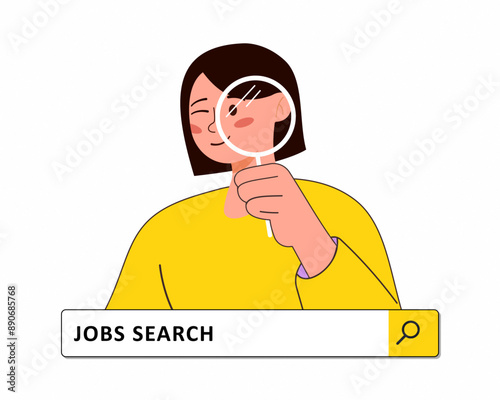 Search bars and women browsing online information looking for new job find opportunity with magnifying glass