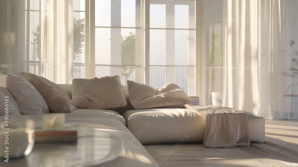 Sun-drenched minimalistic living space with cozy, light-colored furnishings, emphasizing comfort and natural simplicity. Sun-drenched minimalistic living space with cozy, light-colored furnishings, emphasizing comfort and natural simplicity.