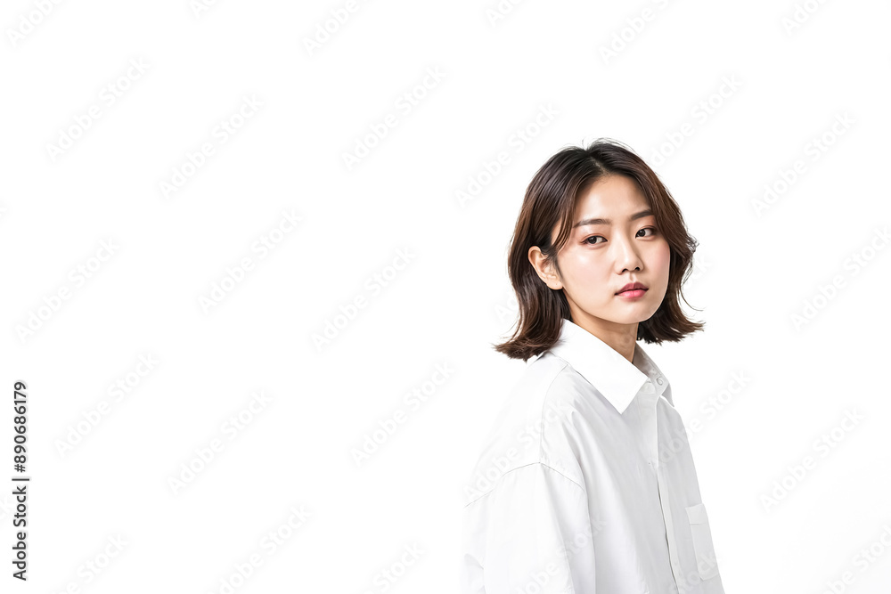 Confident young woman in white shirt looking away Confident young woman in white shirt looking away
