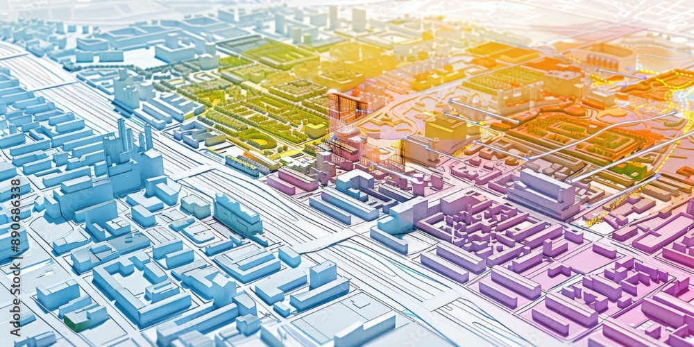 An aerial view of a sprawling city, with sections highlighted in ...