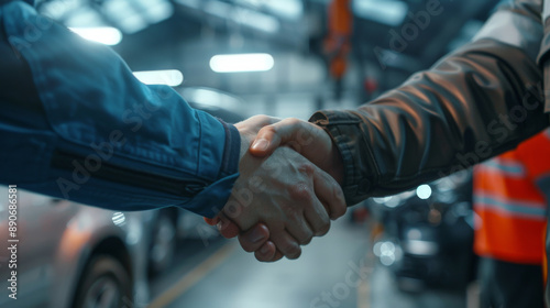 A close-up of a firm handshake between two individuals in a brightly lit industrial setting, symbolizing agreement and mutual understanding.