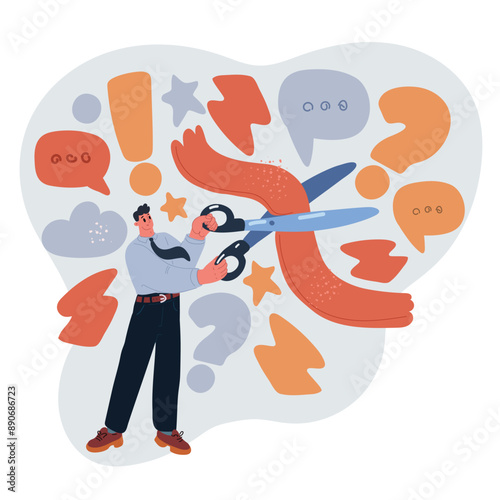 Cartoon vector illustration of Businessman cutting red ribbon with pair of scissors