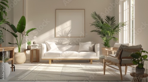 Sunlit space with lush greenery and minimalistic white furniture, evoking a sense of tranquility and openness.