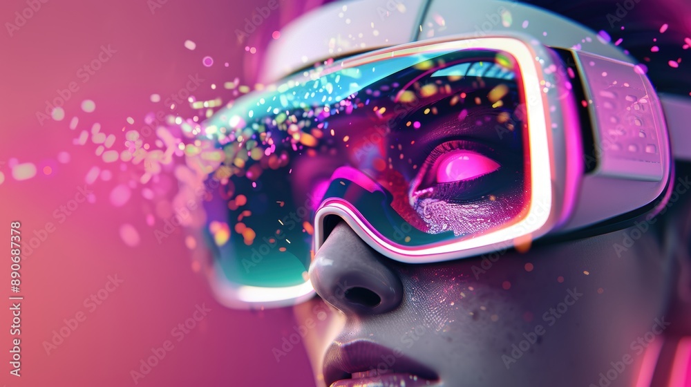 A surreal portrait of a person wearing a VR headset, their eyes reflecting a mesmerizing world of abstract shapes and glowing colors, symbolizing the transformative power of VR. A surreal portrait of a person wearing a VR headset, their eyes reflecting a mesmerizing world of abstract shapes and glowing colors, symbolizing the transformative power of VR.