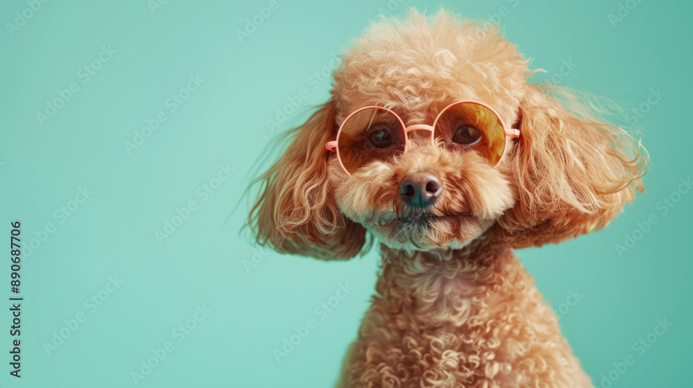 Cute apricot poodle in round glasses isolated on mint background Cute apricot poodle in round glasses isolated on mint background