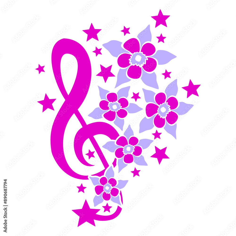 Obraz premium Music Clef Note Bass Flowers Beautiful Tattoo Art Stars Shiny French Violin Treble Musical Instrument Sound Love Icon Symbol Design