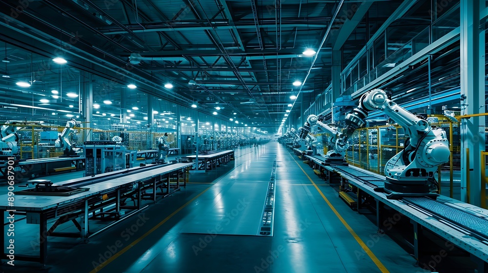 Fototapeta premium An AI-Driven Factory Floor with Robotic Arms
